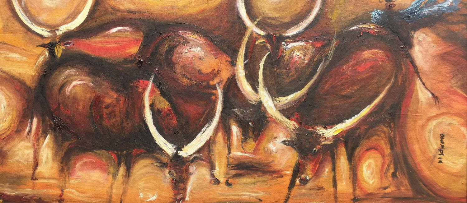 African cow herd oil painting by Deogratius Lutwama